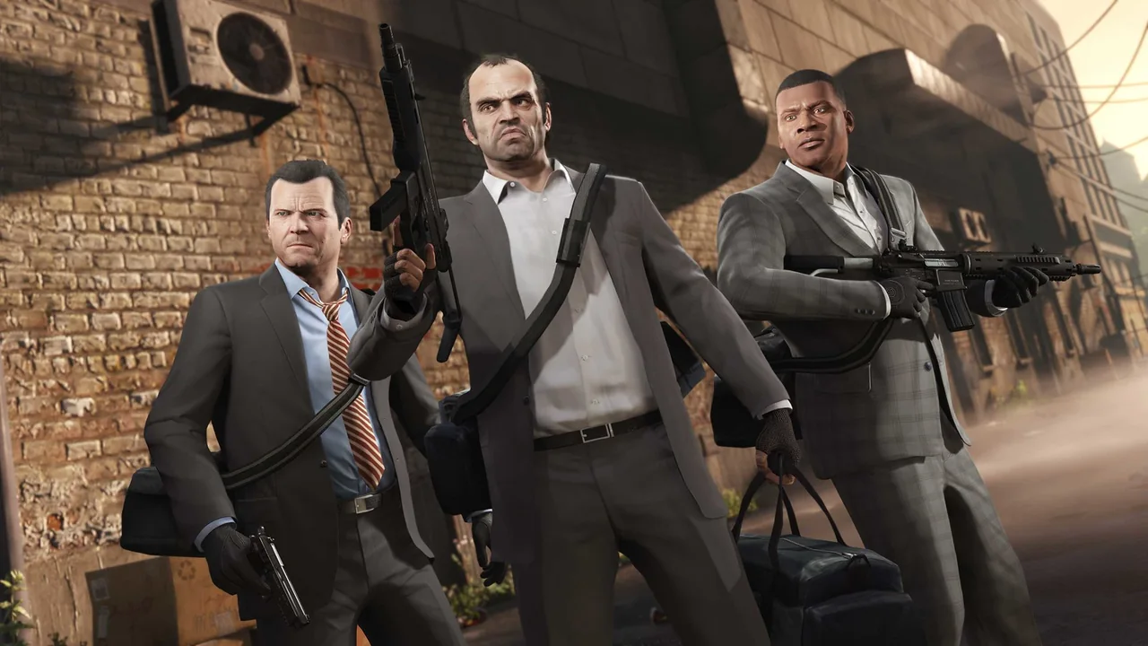 Michael, Trevor and Franklin equipped for a heist in a GTA V promotional screenshot published for the PS5 launch