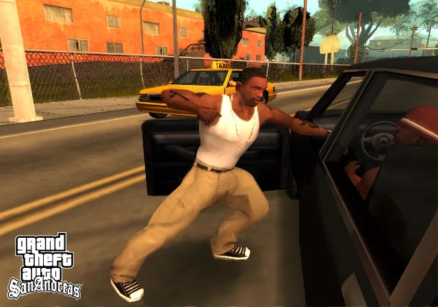 CJ opens a car door in a Los Santos neighbourhood in GTA San Andreas