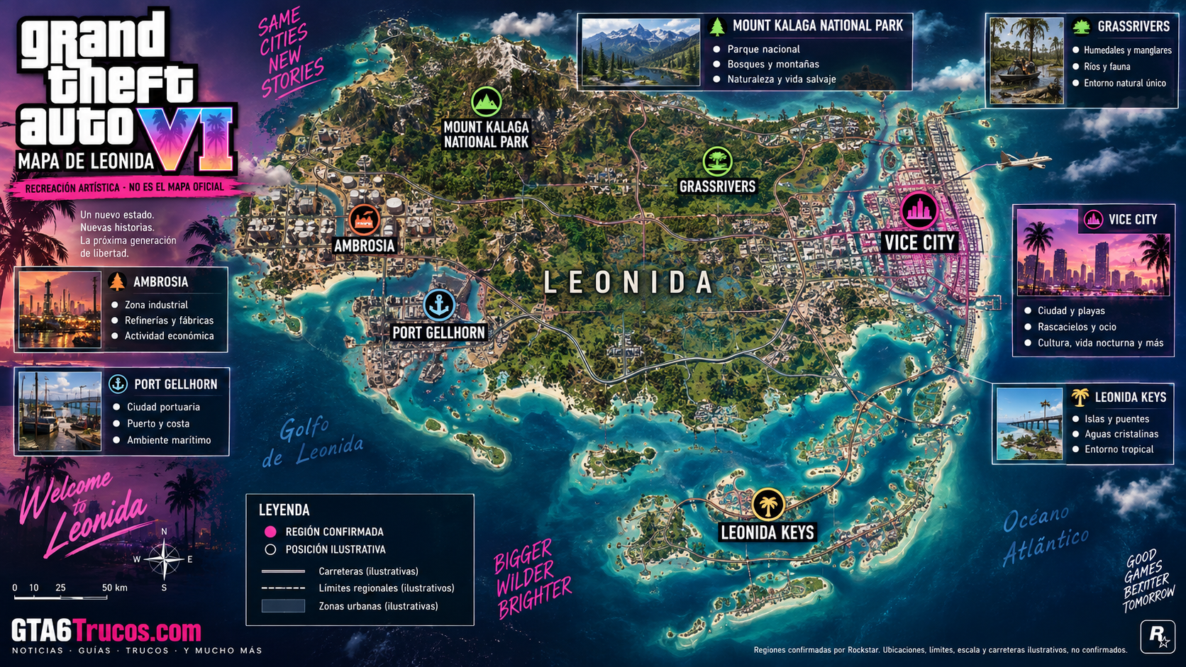 Panoramic artistic map of Leonida showing Vice City, Grassrivers, Port Gellhorn, Ambrosia, Mount Kalaga and Leonida Keys